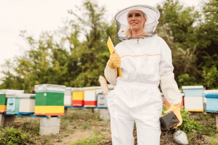 A female beekeeper working at apiary