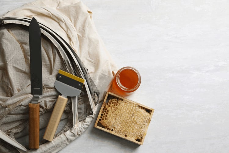 Different Beekeeping Tools and Jar of Honey on White Table, Flat