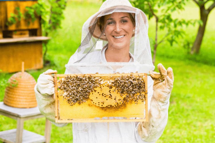A smiling Female Beekeeper Controlling Beeyard