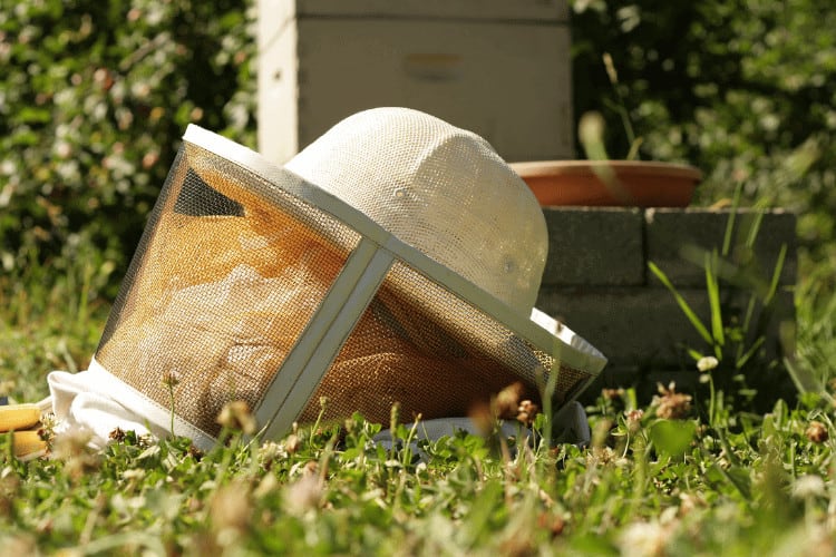 Beekeeper's hat with clothing, gear and smoker beside hive